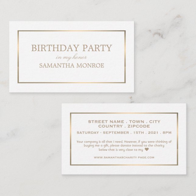 Modern/Sleek, White & Gold, Birthday Party Ticket Enclosure Card (Front/Back)