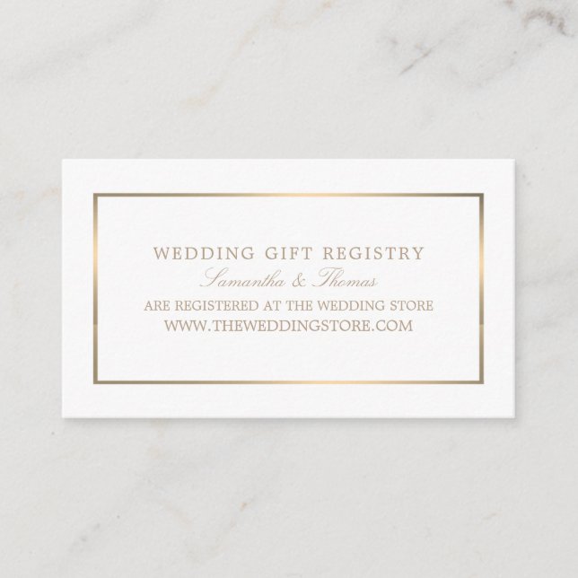 Modern & Sleek, White & Gold, Gift Registry Enclosure Card (Front)