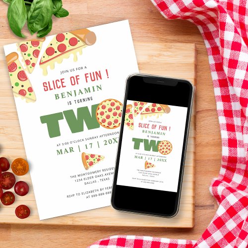 Modern Slice Of Fun 2nd Birthday Pizza Party Boy Invitation