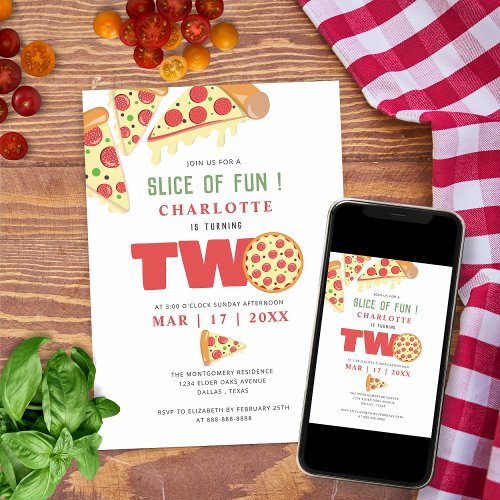 Modern Slice Of Fun 2nd Birthday Pizza Party Girl Invitation