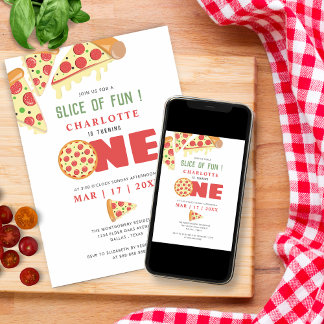 Modern Slice Of Fun Pizza First Birthday Party Invitation