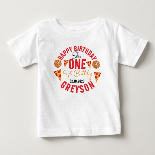 Modern Slice Slice Baby Pizza 1st Birthday Baby T-Shirt (Front)