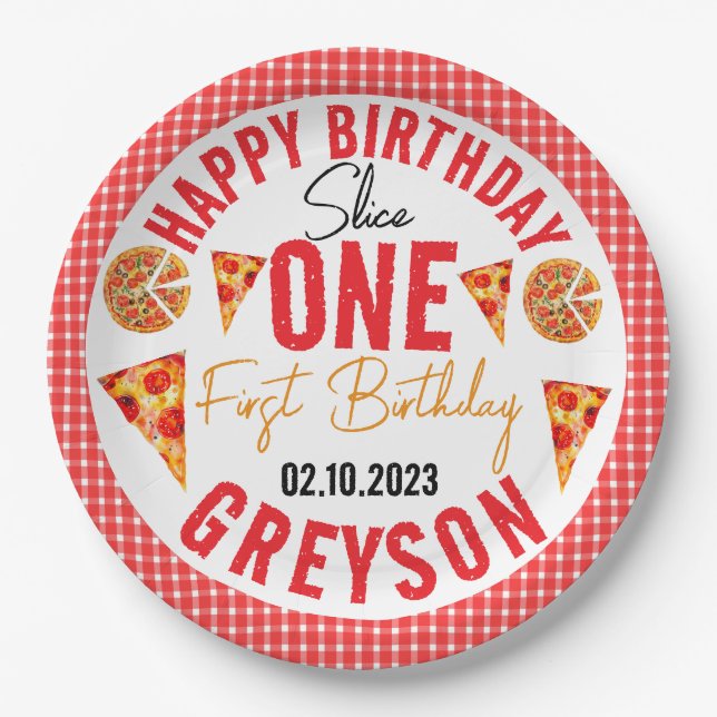 Modern Slice Slice Baby Pizza 1st Birthday Paper Plates (Front)