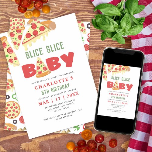 Modern Slice Slice Baby Pizza Kids Birthday Party Invitation