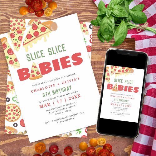 Modern Slice Slice Baby Twins Pizza Birthday Party Invitation