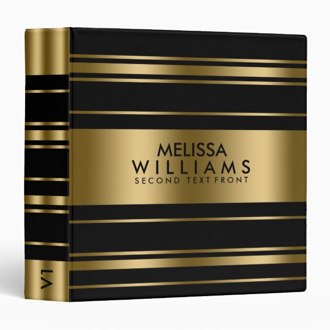 Modern Slick Black & Gold Stripes Pattern 3 Ring Binder (Front/Spine)