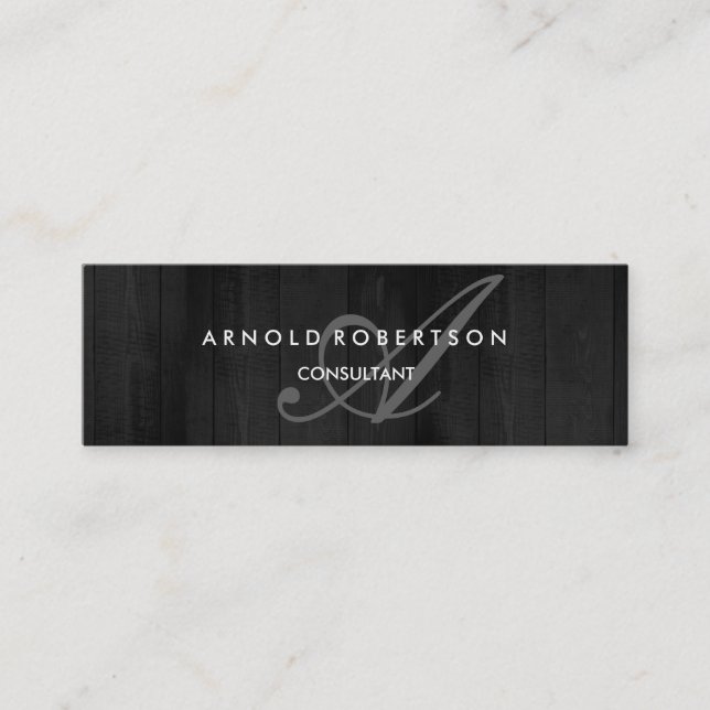 Modern Slim Monogram Trendy Grey Wood Background Mini Business Card (Front)