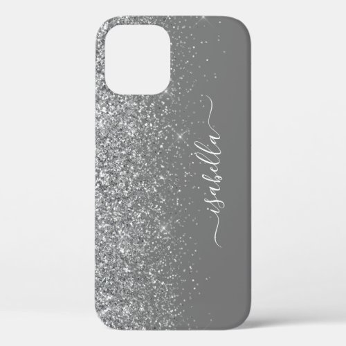 Modern Sliver Glitter Elegant Script Name iPhone 12 Case