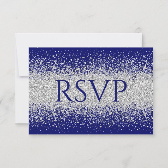 Modern Sliver Glitter on Royal Blue RSVP Card (Front)