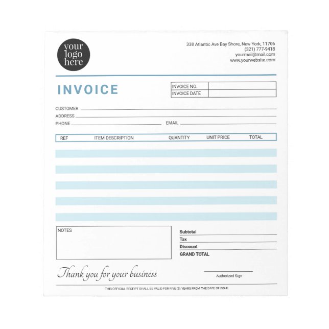 Modern Small Business Invoice Sales Receipt Blue Notepad (Front)