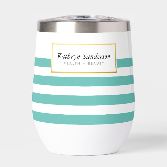 MODERN SMART STRIPED PATTERN stylish mint gold Thermal Wine Tumbler (Front)