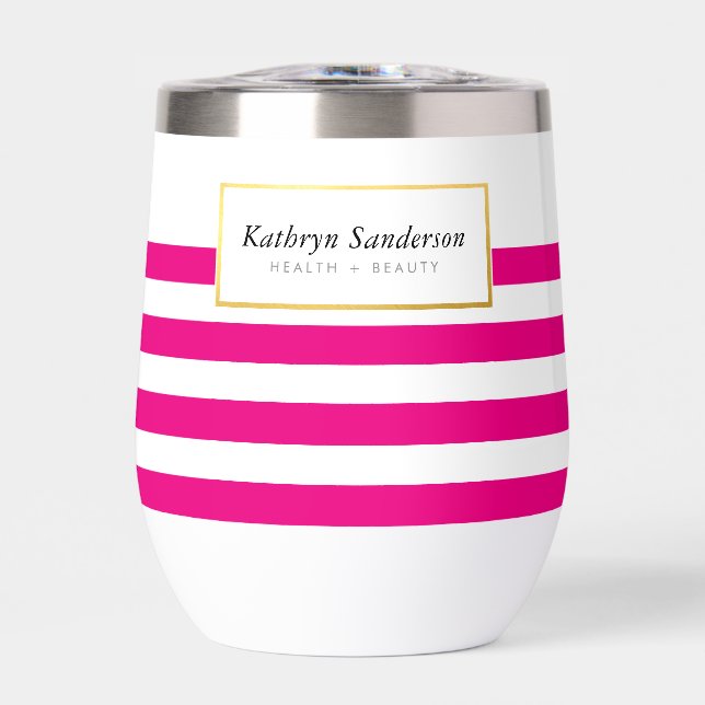 MODERN SMART STRIPED PATTERN stylish pink gold Thermal Wine Tumbler (Front)