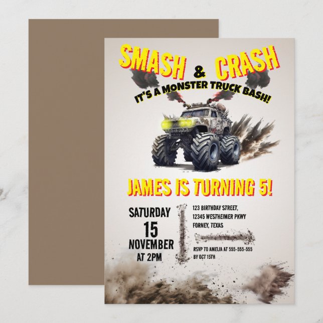 Modern SMASH & CRASH Monster Truck Birthday Party Invitation (Front/Back)