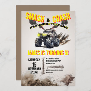 Modern SMASH & CRASH Monster Truck Birthday Party Invitation