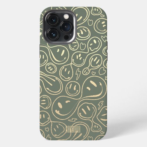 Modern Smile Smiling Face Pattern Moss Green Gold iPhone 13 Pro Max Case