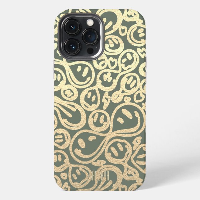 Modern Smile Smiling Face Pattern Moss Green Gold iPhone Case (Back)