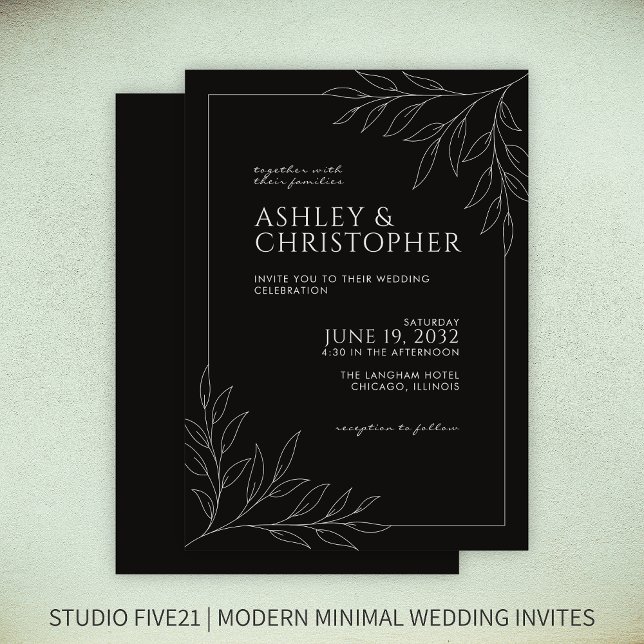 Modern Smokey Black Foliage Outline Wedding Invitation (Creator Uploaded)