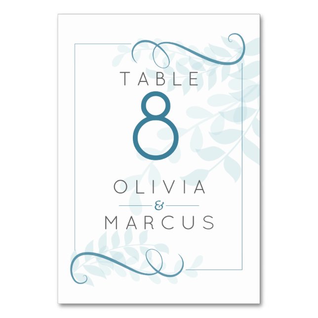 Modern Smokey Blue Teal Accents Pale Blue Leaves Table Number (Front)