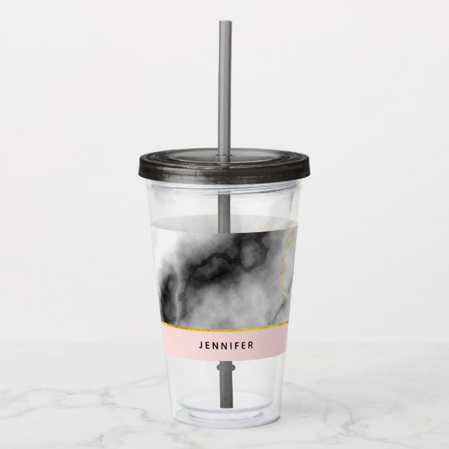 Modern Smoky Gray Marble with Gold Ribbon Acrylic Tumbler (Front)
