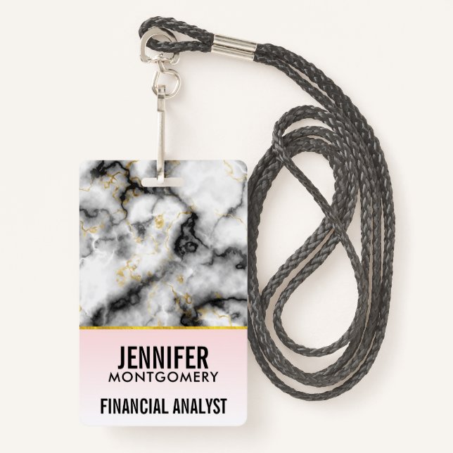 Modern Smoky Gray Marble with Gold Ribbon Badge (Front with Lanyard)