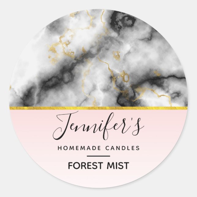 Modern Smoky Gray Marble with Gold Ribbon Candle Classic Round Sticker (Front)