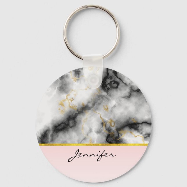 Modern Smoky Gray Marble with Gold Ribbon Keychain (Front)