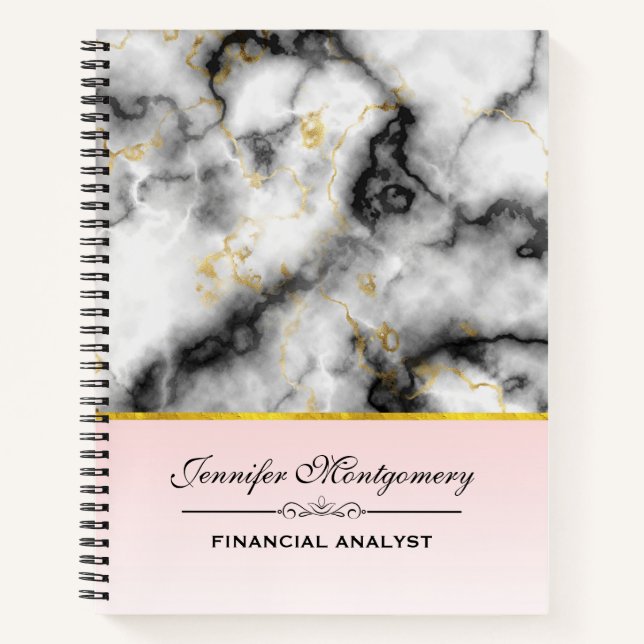 Modern Smoky Gray Marble with Gold Ribbon Notebook (Front)