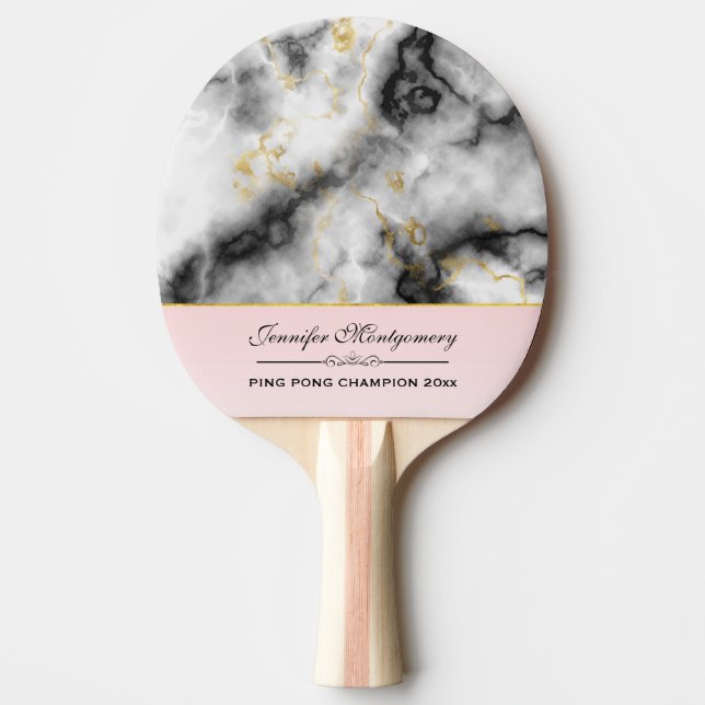 Modern Smoky Gray Marble with Gold Ribbon Ping Pong Paddle (Front)