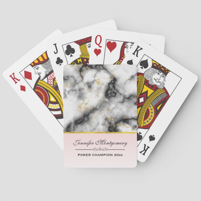Modern Smoky Gray Marble with Gold Ribbon Poker Cards (Back)