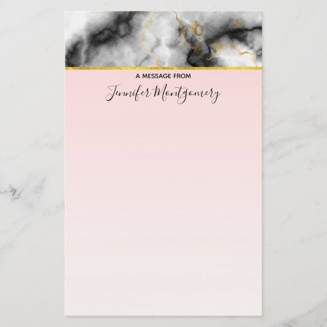 Modern Smoky Gray Marble with Gold Ribbon Stationery (Front)