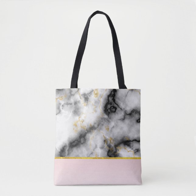 Modern Smoky Gray Marble with Gold Ribbon Tote Bag (Front)