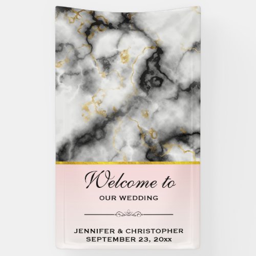 Modern Smoky Gray Marble with Gold Ribbon Wedding Banner