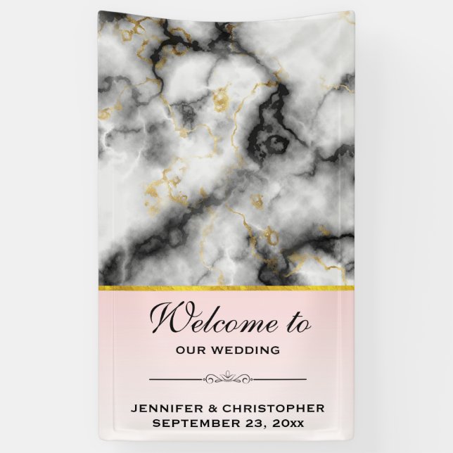 Modern Smoky Gray Marble with Gold Ribbon Wedding Banner (Vertical)