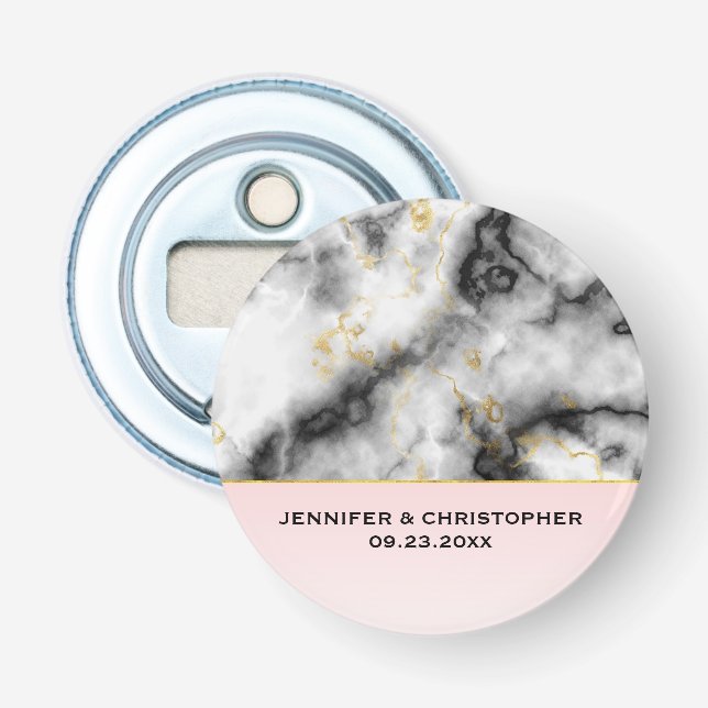 Modern Smoky Gray Marble with Gold Ribbon Wedding Bottle Opener (Front)