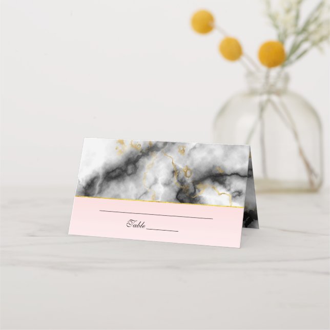 Modern Smoky Gray Marble with Gold Ribbon Wedding Place Card (Front)