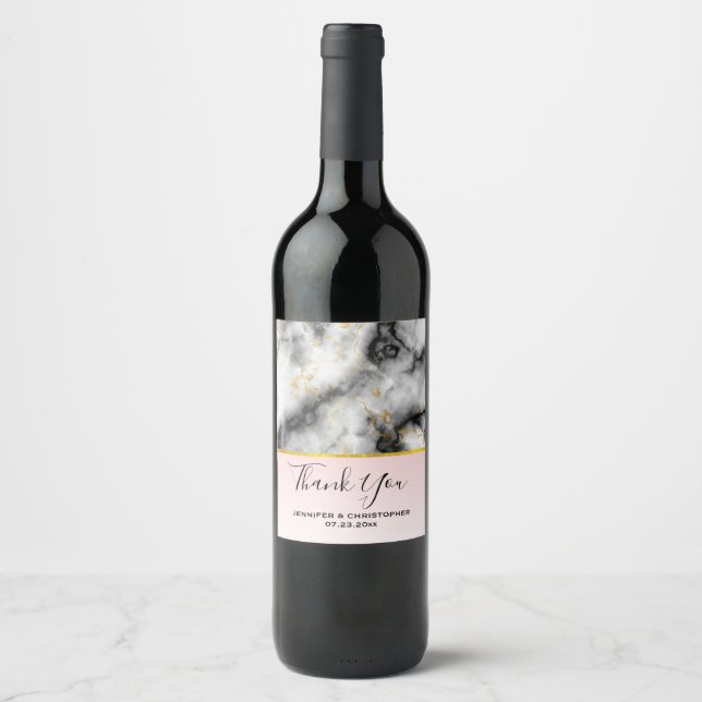 Modern Smoky Gray Marble with Gold Ribbon Wedding Wine Label (Front)