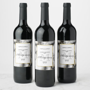 Modern Smoky Gray Marble with Gold Ribbon Wine Label