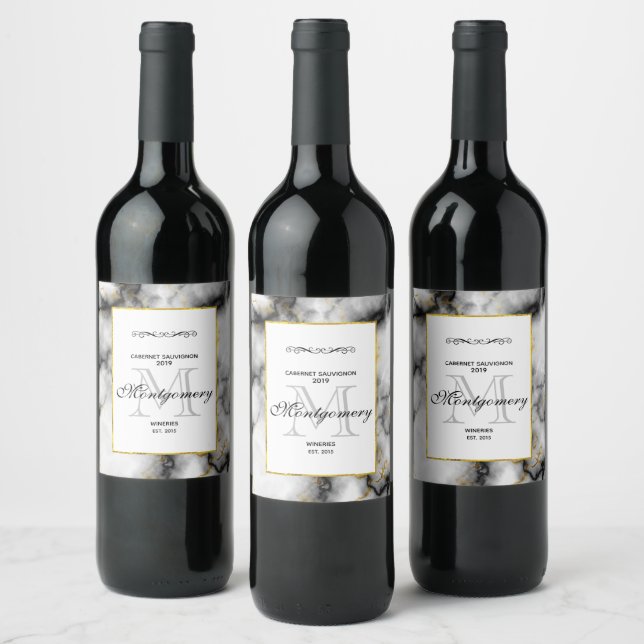 Modern Smoky Gray Marble with Gold Ribbon Wine Label (Bottles)