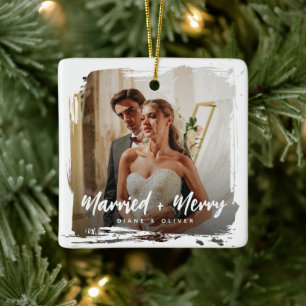 Modern Smudge Newlyweds Photo Married + Merry Ceramic Ornament