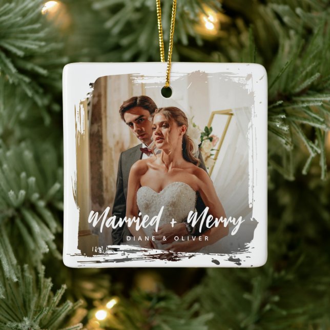 Modern Smudge Newlyweds Photo Married + Merry Ceramic Ornament (Tree)