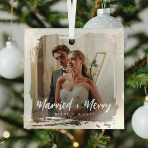 Modern Smudge Newlyweds Photo Married + Merry Glass Ornament