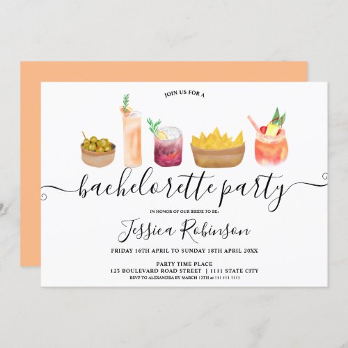 Modern snacks cocktails watercolor bachelorette invitation