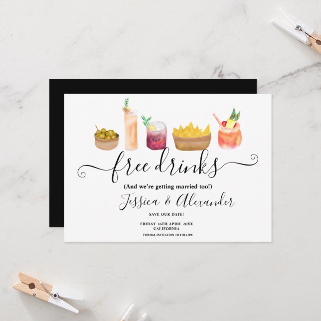 Modern snacks cocktails watercolor save the date (Front/Back In Situ)
