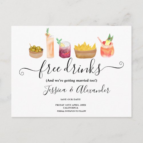 Modern snacks cocktails watercolor save the date postcard