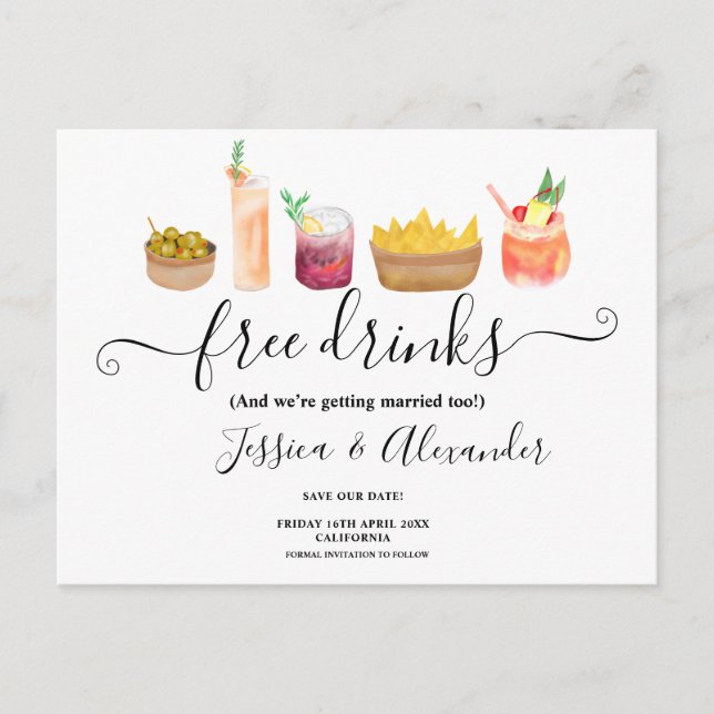 Modern snacks cocktails watercolor save the date postcard (Front)