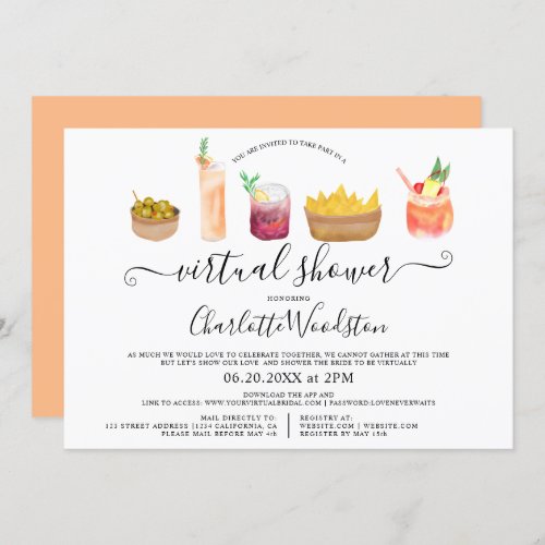 Modern snacks cocktails watercolor virtual shower invitation