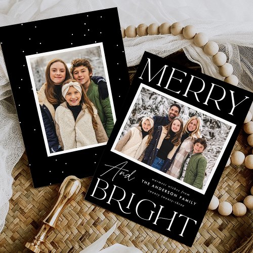 Modern Snapshot Black Merry and Bright 2 Photo Holiday Card