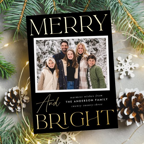 Modern Snapshot Black Merry and Bright Photo Foil Holiday Card