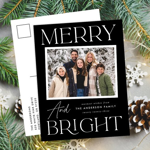 Modern Snapshot Black Merry and Bright Photo Holiday Postcard