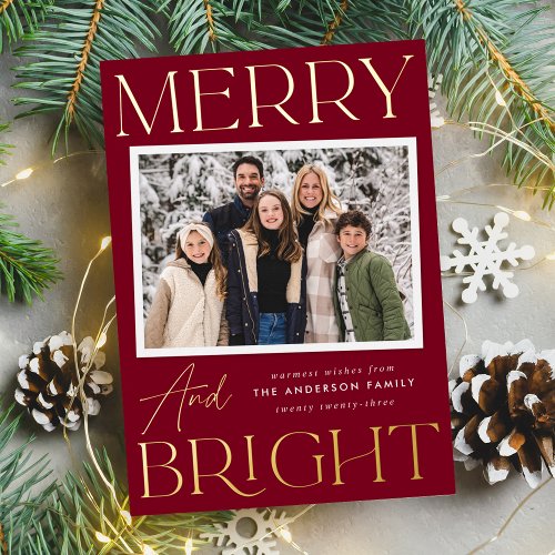 Modern Snapshot Cranberry Merry and Bright Photo Foil Holiday Card